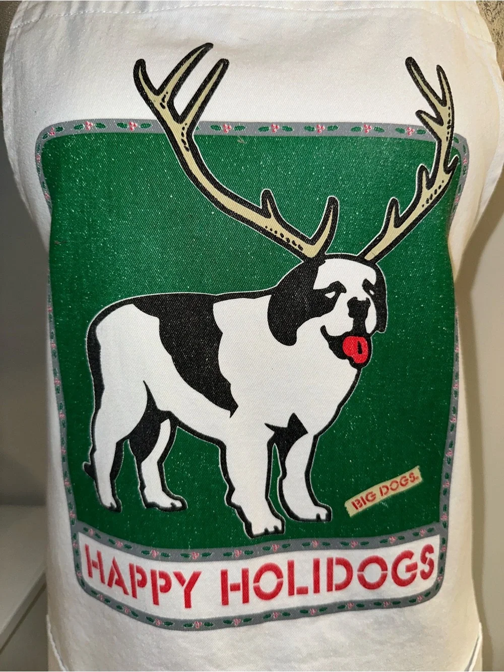 Vintage BIG DOGS Apron White “Happy Holidogs” Adjustable W/ Pockets Reindeer Dog